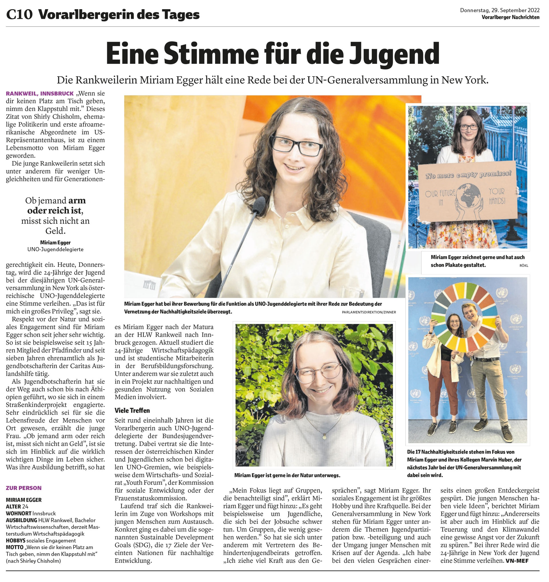 Miriam Egger bei der UN-Generalversammlung - VN-Artikel vom 29.09.2022